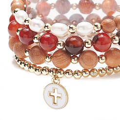 Set di braccialetti elasticizzati con perline in legno naturale e perle e agata in stile 4 pz&nbsp;BJEW-JB08819