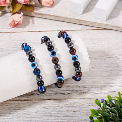 10 mm runde Stretch-Armbänder aus natürlichem Tigerauge und Obsidian und bösen Blickperlen für Frauen und Männer&nbsp;BJEW-TA0001-19