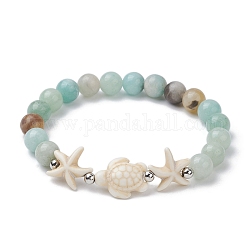 Bracelets en perles de tortue turquoise synthétique teints et d'étoiles de mer, avec perles rondes en amazonite à fleurs naturelles, turquoise pale, diamètre intérieur: 2 pouce (5 cm)