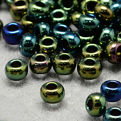 Perline di semi di vetro rotonde di grado 6/0, colori metallizzati iris, verde acqua, 6/0, 4x3mm, Foro: 1 mm, circa 4500pcs/scatola