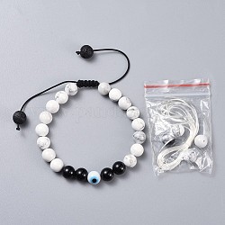 Adjustable Nylon Thread Braided Bead Bracelets, with Handmade Lampwork Evil Eye Beads, Natural Gemstone Beads and PVC Tubular Rubber Cord, 2-1/8 inch~3-1/4 inch(5.4~8.3cm)