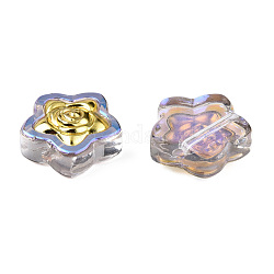 Placcare perle di vetro trasparenti, con i risultati in ottone placcato oro, ab colore, stella con fiore, cardo, 14x14.5x5.5mm, Foro: 1 mm
