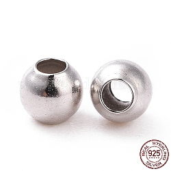 925 perles intercalaires en argent sterling rhodié, ronde, Platine plaqué réel, 4mm, Trou: 1.4~1.5mm