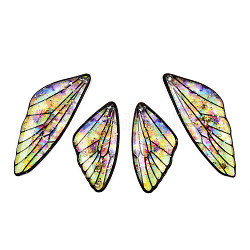 Ensemble de pendentifs ailes en résine transparente, une feuille d'or, breloques d'aile de papillon, colorées, 29.5~39.5x14.5x2.5mm, Trou: 0.8mm, 2 paires / ensemble
