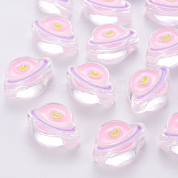 Transparent Acrylic Beads, with Enamel, Planet, Pearl Pink, 19x26x9mm, Hole: 3mm