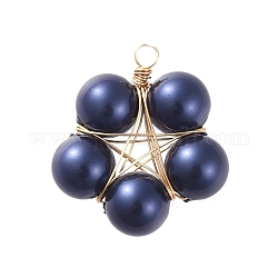 Shell Pearl Pendants, with Golden Plated Copper Wire, Flower, Dark Blue, 24x22x8mm, Hole: 2.3mm