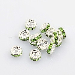Séparateurs perles en laiton avec strass, couleur argentée, sans nickel, péridot, 5x2.5mm, Trou: 1mm