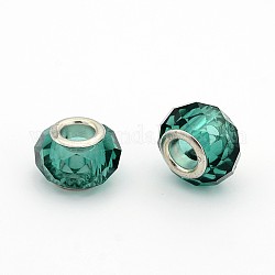 Platinum Tone Glass Faceted European Beads, with Brass Cores, Dark Cyan, 13x9mm, Hole: 5mm