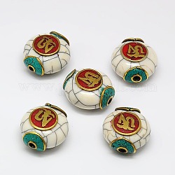 Handmade Tibetan Style Beads, Brass Findings with Synthetic Coral and Turquoise, Flat Round, Colorful, 17~18x11mm, Hole: 2mm