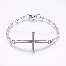 304 Stainless Steel Link Bracelets, with Lobster Claw Clasps, Cross & Flat Round, Stainless Steel Color, 6-7/8 inch(17.5cm), 3mm