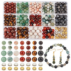 PH PandaHall 520pcs Stone Beads Kit for Jewelry Making, 14 Styles 6/8mm Natural Gemstone Beads Marble Loose Beads Round Smooth Beads with Iron Rhinestone Spacer Beads for Bracelet Necklace Earring