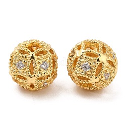 Brass Micro Pave Clear Cubic Zirconia Beads, Round, Real 18K Gold Plated, 8mm, Hole: 1mm
