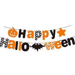 Papierfahnen zum Thema Halloween, Wort Happy Halloween & Fledermaus hängende Banner, für Party-Heimdekorationen, orange, 100~141x31~216x0.2 mm