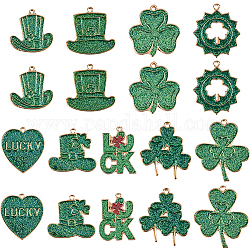 Sunnyclue 18 Stück 9 Stile Saint Patrick's Day Legierung Emaille-Anhänger, mit Pailletten, Kleeblatt/Wortglück/Hut-Charm, grün, 25.5~33.5x22~29x2 mm, Bohrung: 1.5 mm, 2pcs / style
