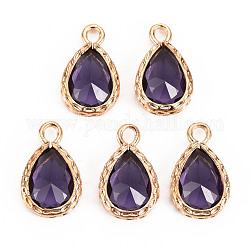 Glass Pendants, with Brass Findings, Faceted, Teardrop, Light Gold, Purple, 15x9x4.5mm, Hole: 1.8~2mm