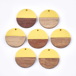 Pendentifs en bois de résine et de noyer, plat rond, jaune, 28.5x3.5~4mm, Trou: 1.5mm