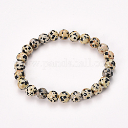 Bracelets extensibles en jaspe dalmatien naturel, ronde, 2-1/8 pouce (55 mm), perle: 8~9 mm