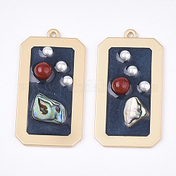 Epoxy Resin Pendants, with ABS Plastic Imitation Pearl and Shell, Alloy Findings and Enamel, Rectangle, Matte Gold Color, Steel Blue, 40.5x21x4.5~5.5mm, Hole: 1.5mm