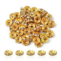 Perles d'espacement rondes plates en fer, avec strass cristal, or, 8mm