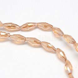 Electroplate Crystal Glass Rice Beads Strands, Faceted, Rainbow Color Plated, Light Salmon, 4x9mm, Hole: 1mm, about 58pcs/strand, 20.4 inch