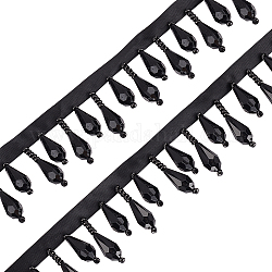 Quastenbesatz aus Polyesterperlen, mit tropfenförmigen Kunststoffperlen, Kostümverzierungen, Schwarz, 30~42x8 mm, ca. 3 Meter/Karte