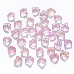 Perles de verre peintes par pulvérisation transparent, perles percées, avec de la poudre de paillettes, forme de pétoncle, rose, 10x10.5x6mm, Trou: 1mm