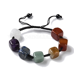 Bracelets carrés de perles tressées avec pierres précieuses naturelles mélangées, bracelet réglable thème chakra, diamètre intérieur: 2~2-7/8 pouce (5~7.4 cm)