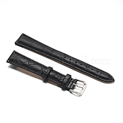 Bracelets de montres en cuir, avec fermoirs en 304 acier inoxydable, noir, 92.5~126x17x4.5~5mm