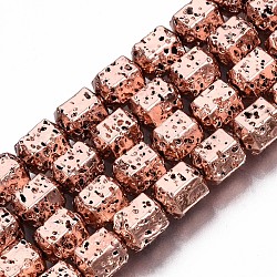 Fili di perle di roccia lavica naturale elettrodeposta, esagono, accidentato, placcato oro rosa, 8x7.5x6.5mm, Foro: 1.2 mm, circa 50pcs/filo, 15.35 pollice ~ 15.75 pollici (39 cm ~ 40 cm)