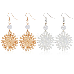 ANATTASOUL 2 Pairs 2 Colors Alloy Sun with Smiling Face Dangle Earrings with Plastic Pearl Beaded, Long Drop Earrings for Women, Mixed Color, 62.5mm, Pin: 0.5mm, 1 Pair/color