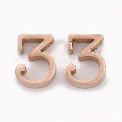 304 ciondoli in acciaio inossidabile, numero, oro roso, num. 3, 12x9x3mm, Foro: 1.8 mm