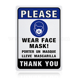 UV保護＆防水アルミニウム警告サイン  フェイスマスクサインを着用してください  ブルー  350x250x1mm  穴：4mm