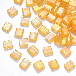 Perles de rocaille en verre transparent à cuisson 2 trou, de couleur plaquée ab , rectangle, or, 5x4.5~5.5x2~2.5mm, trou: 0.5~0.8 mm, environ 1180 PCs / sachet 
