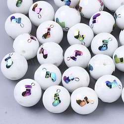 Perles de verre opaque de Noël, rond avec motif de chaussette de noël galvanoplastie, multi-couleur plaquée, 10mm, Trou: 1.2mm