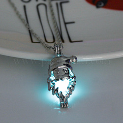 Collier pendentif cage du père noël en alliage avec perles en plastique lumineuses, bijoux de noël brillants dans le noir pour femmes, cyan, 17.72 pouce (45 cm)