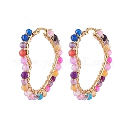 201 Stainless Steel Hoop Earrings, Beaded Hoop Earrings, with Natural Agate Beads, Heart, Golden, 46x43x4.5mm, Pin: 1x0.6mm