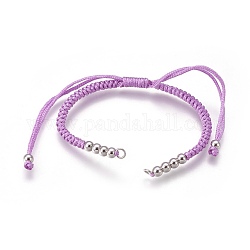 Nylon Cord Braided Bead Bracelets Making, with Brass Beads, Long-Lasting Plated, Real Platinum Plated, Lilac, 10-1/4 inch~11-5/8 inch(26~29.6cm)