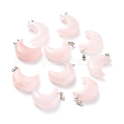 Colgantes naturales de cuarzo rosa, con presillas de latón platino, luna, 29x18~21x7~10mm, agujero: 6x3 mm