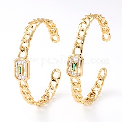 Brass Micro Pave Cubic Zirconia Cuff Bangles, Rectangle, Curb Chain, Real 18K Gold Plated, Green, Inner Diameter: 2-1/4 inch(5.7cm)