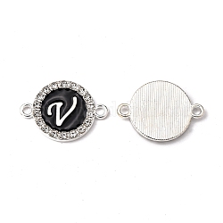 Alloy Enamel Links Connectors, with Crystal Rhinestones, Flat Round with Letter, Silver Color Plated, Letter.V, 22x16x2mm, Hole: 1.8mm