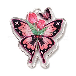 Pendentif en acrylique, papillon avec breloque fleur, rose, 40x36x2mm, Trou: 2mm