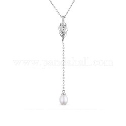 Collar en forma de Y de plata de ley 925 con baño de rodio Shegrace, Con aaa zirconia cúbico y colgante de perlas, Platino, 15.7 pulgada (40 cm)