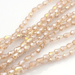 Galvanik Kristallglas Teardrop Perlen Stränge, facettiert, ab Farbe plattiert, Weizen, 5x3 mm, Bohrung: 1 mm, ca. 100 Stk. / Strang, 17.7 Zoll