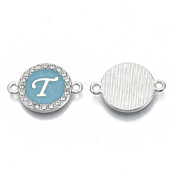 Alloy Enamel Links Connectors, with Crystal Rhinestones, Flat Round with Letter, Silver Color Plated, Letter.T, 22x16x2mm, Hole: 1.8mm