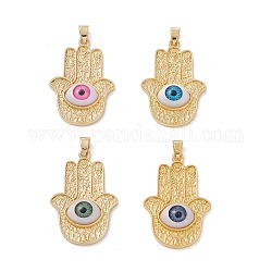 Brass Pendant, with Resin Eye Cabochons, Long-Lasting Plated, Hamsa Hand, Real 18K Gold Plated, Mixed Color, 40x26x6mm, Hole: 5x3.5mm