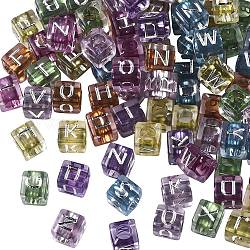 Transparente Acryl Perlen, Würfel mit Buchstaben, Silbern Plattiert Versilbert, Mischfarbe, 6x6x6 mm, Bohrung: 3 mm, ca. 1450 Stk. / 250 g
