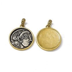 Rack Plating Brass Pendants, Cadmium Free & Lead Free & Nickle Free, Flat Round with Greece Coin Charm, Antique Silver & Antique Golden, 26x23x3mm, Hole: 4.5x3mm