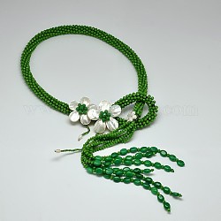 Fiori di perline di vetro collane Lariat, con perla e conchiglia, verde, 31.4 pollice