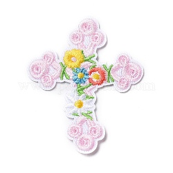 Tissu de broderie informatisé fer/coudre sur les patchs, accessoires de costumes, croix avec des fleurs, rose, 66x55.5x1.5mm