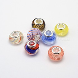 Mixed Styles Handmade Lampwork Large Hole Rondelle European Beads, with Double Silver Color Plated Brass Cores, Mixed Color, 14x9mm, Hole: 4.5~5mm